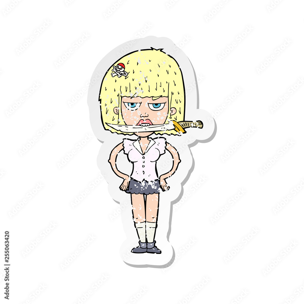 retro distressed sticker of a cartoon woman with knife between teeth retro distressed sticker of a cartoon woman with knife between teeth