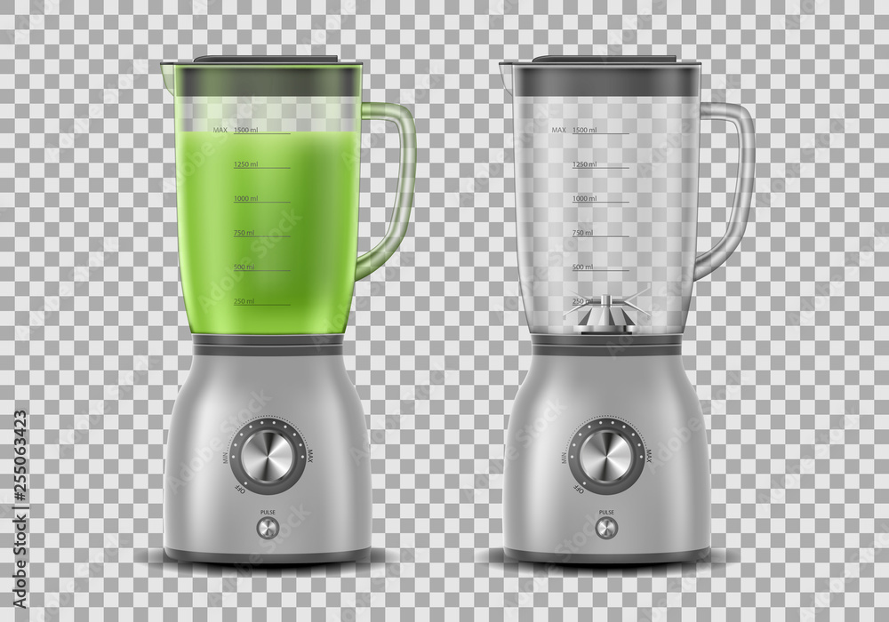 Set of Realistic Juicer blender. Kitchen blender with organic green vegetable juice and empty, drink 3d mixer isolated. vector illustration Set of Realistic Juicer blender. Kitchen blender with organic green vegetable juice and empty, drink 3d mixer isolated. vector illustration
