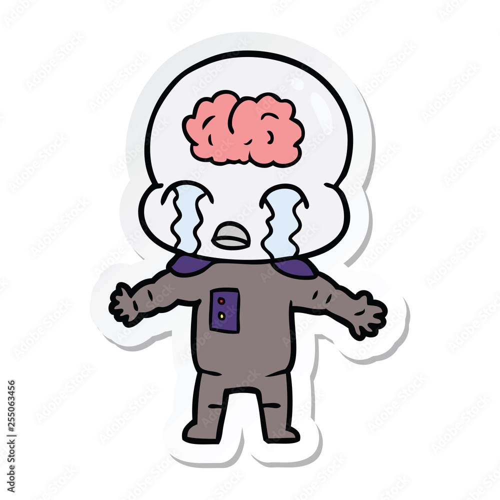 sticker of a cartoon big brain alien crying sticker of a cartoon big brain alien crying