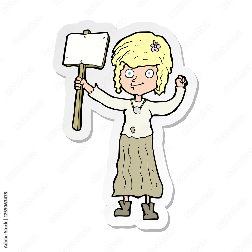 sticker of a cartoon hippie girl with protest sign sticker of a cartoon hippie girl with protest sign