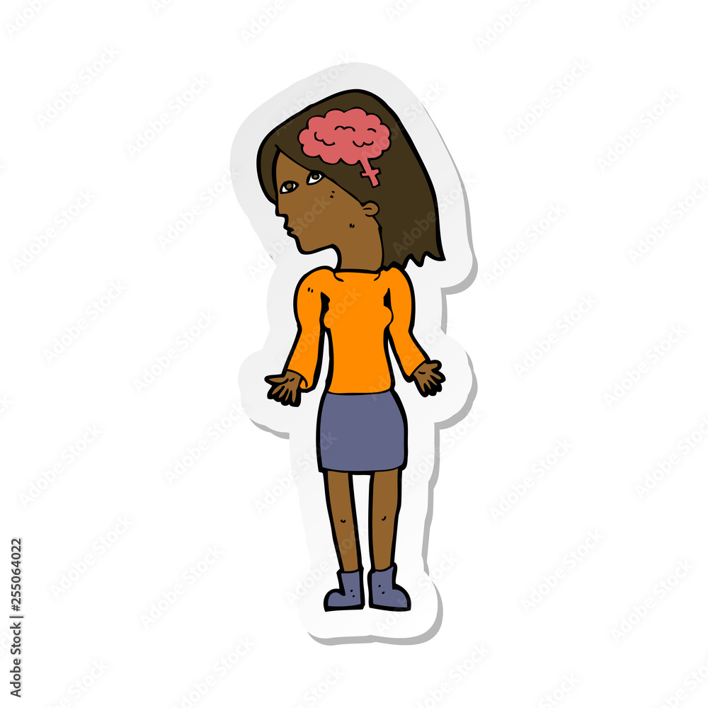sticker of a cartoon clever woman shrugging shoulders sticker of a cartoon clever woman shrugging shoulders