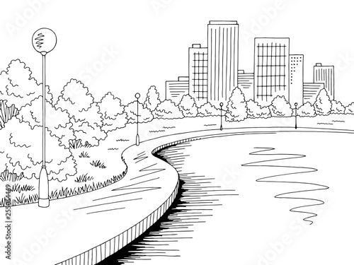 Park lake graphic black white city landscape sketch illustration vector