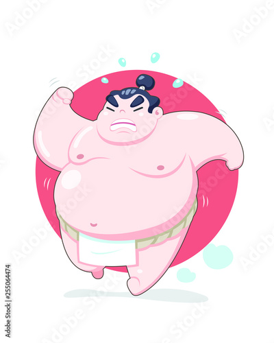 Cute style tired chubby sumo running with red circle background illustration