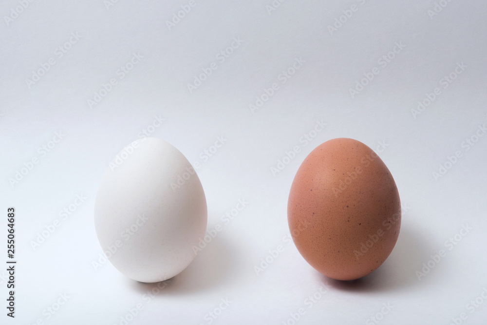 Two eggs on a white background, white and brown. Minimalism. Two eggs on a white background, white and brown. Minimalism.