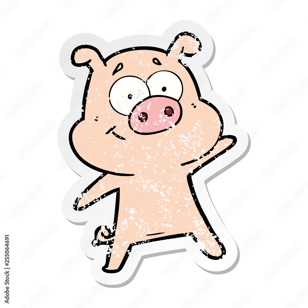 distressed sticker of a happy cartoon pig distressed sticker of a happy cartoon pig