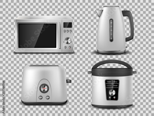 Kitchen appliances template. Realistic silver microwave, kettle, oven, juicer, toaster, multicooker silver mockup. Set of household appliance vector illustration.
