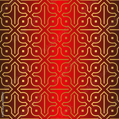 Art Deco Pattern Of Geometric Elements. Seamless Pattern. Vector Illustration. Design For Printing, Presentation, Textile Industry. Chinese red gold color