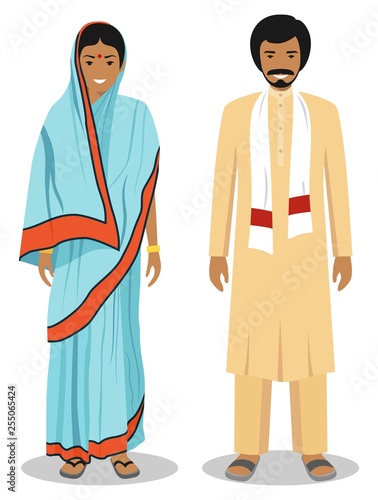 Set of standing together indian man and woman in the traditional clothing isolated on white background in flat style. Differences people in the east dress. Vector illustration.
