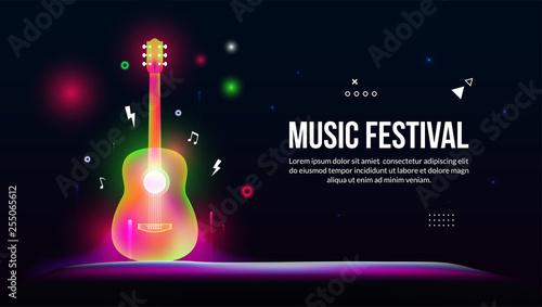Acoustic guitar for music festival in fantasy light art style.