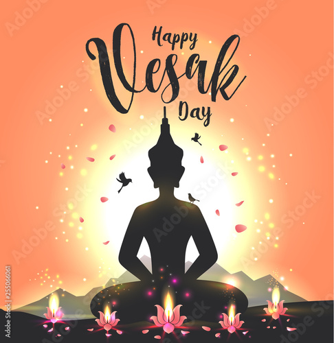 Vector illustration greeting card for Vesak day with lotus flower and buddhas silhouette.
