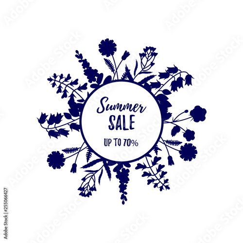 Floral frame of wild flowers isolated on white. Sale label. Space for text