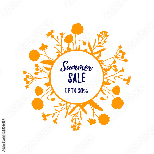 Floral frame of wild flowers isolated on white. Sale label. Space for text