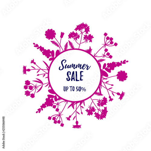 Floral frame of wild flowers isolated on white. Sale label. Space for text