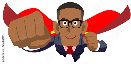 マントをつけて飛ぶアフリカ系ビジネスマン