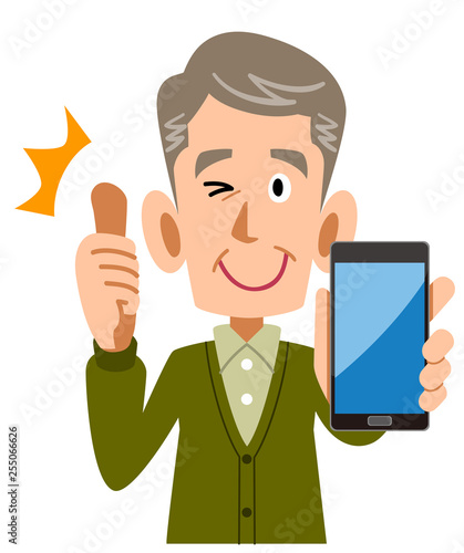 スマートフォンを手に持ちサムズアップするシニアの男性