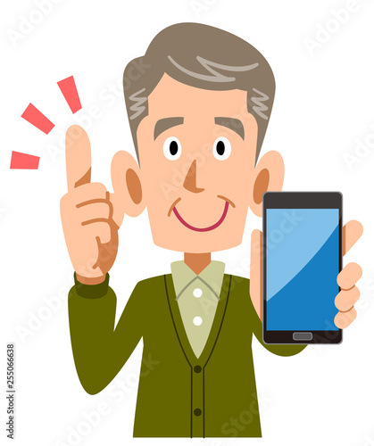 スマートフォンを手に持ち要点を説明するシニアの男性