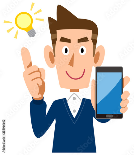 スマートフォンを手に持ち閃く男性