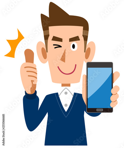 スマートフォンを手に持ちサムズアップする男性