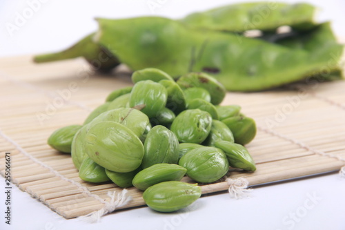 Parkia speciosa seeds or bitter bean on white background