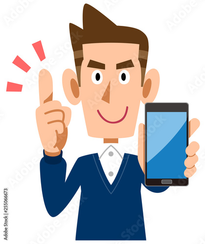 スマートフォンを手に持ち要点を説明する男性