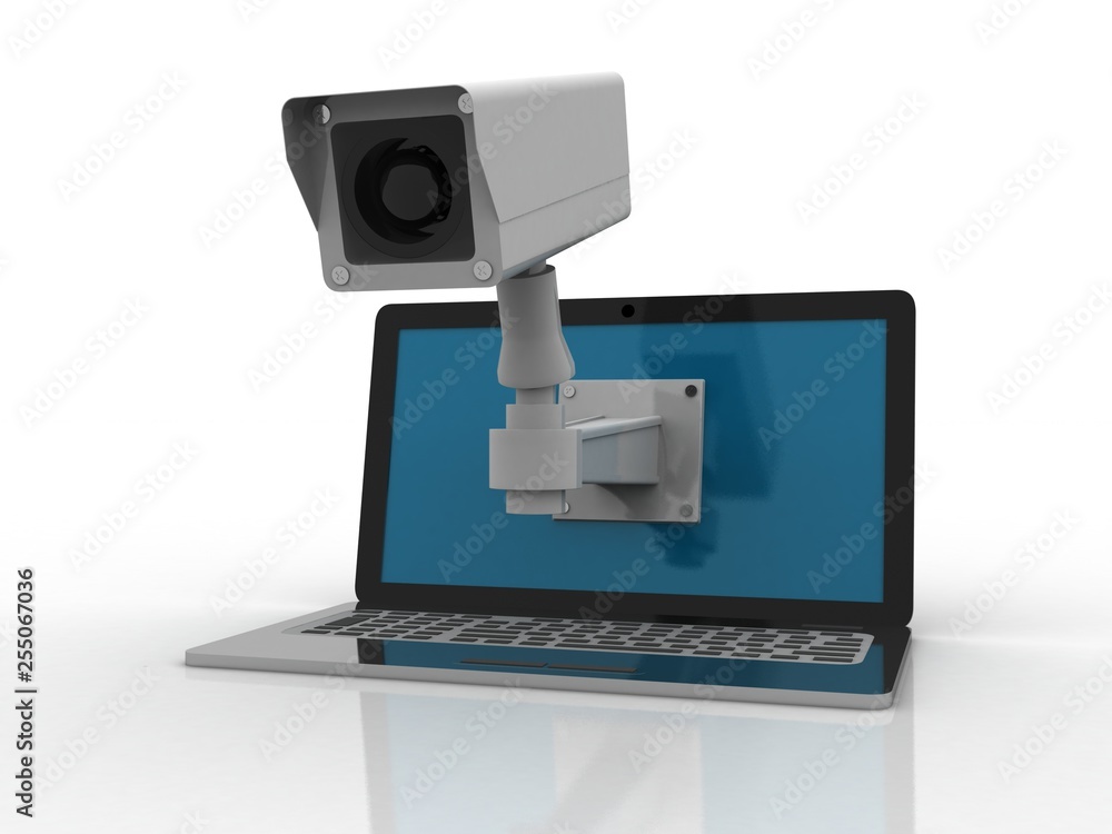 3d rendering Surveillance CCTV Security Camera connected laptop 3d rendering Surveillance CCTV Security Camera connected laptop