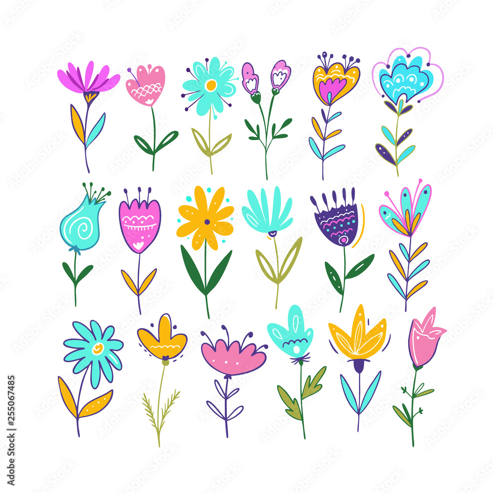 Obraz premium Colorful Hand Drawn Spring Flowers Collection with Playful Wildflowers, Leaves and Botanical Elements