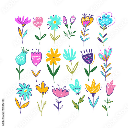 A diverse collection of colorful vector illustrations depicting spring flowers in full bloom. Ideal for spring-themed designs  greeting cards  invitations  and seasonal decorations.