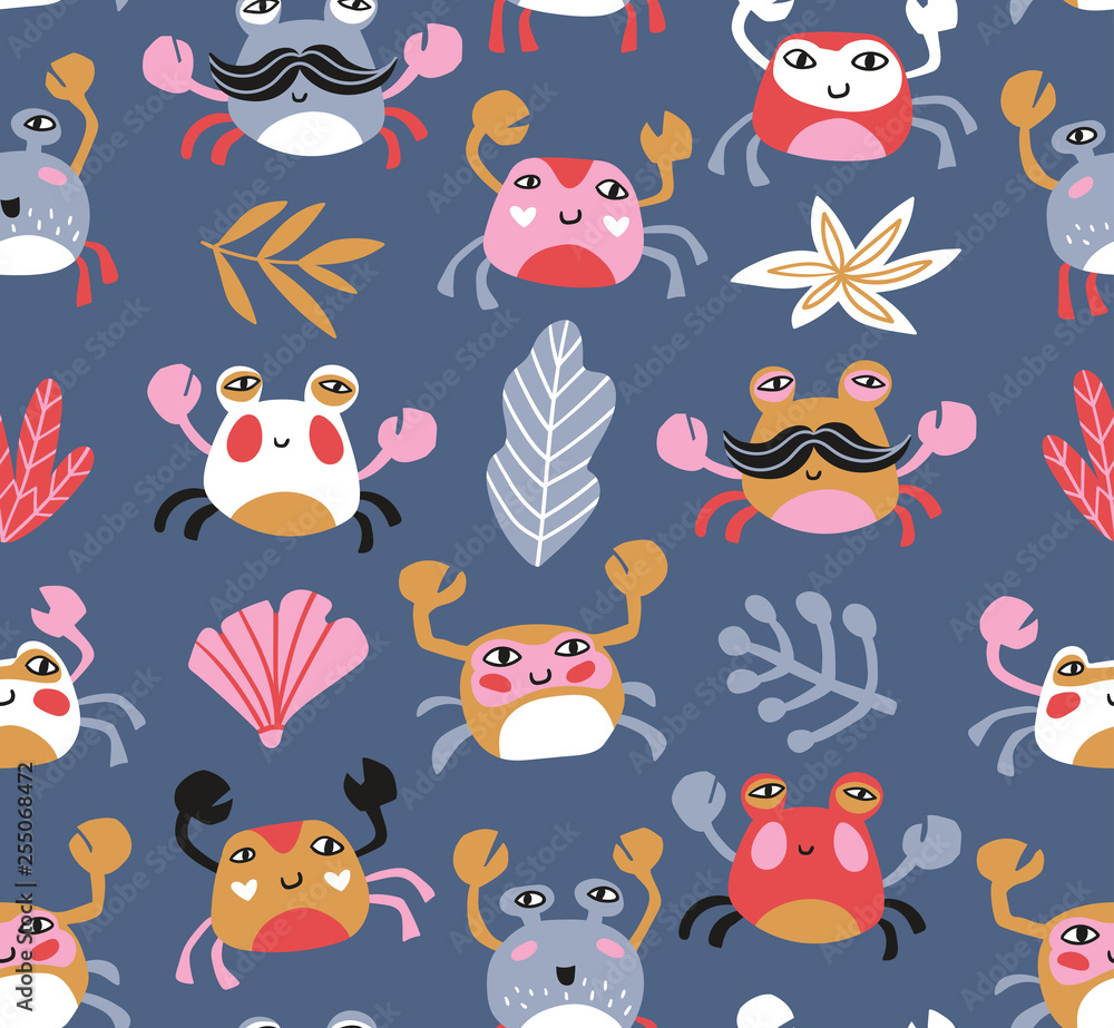 Bright baby fabric design with crabs and sea plants. Sea repeated print for kids design. Vector seamless pattern. Bright baby fabric design with crabs and sea plants. Sea repeated print for kids design. Vector seamless pattern.