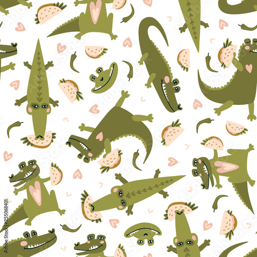 Summer seamless pattern with crocodiles and tacos. Mexican repeated background. Vector bright print for baby fabric or wallpaper.