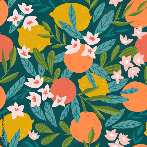 Tropical summer fruit seamless pattern. Citrus tree in hand drawn style. Vector fabric design with oranges, lemons and flowers.