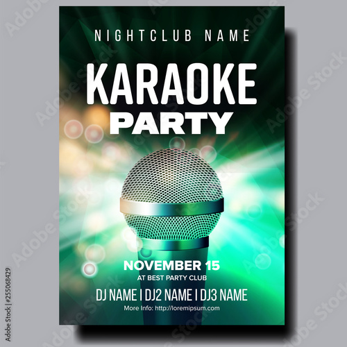 Karaoke Poster Vector. Party Flyer. Karaoke Music Night. Radio Microphone. Retro Concert. Club Background. Mic Design. Disco Banner. Voice Equipment. Realistic Illustration