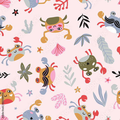 Bright baby fabric design with crabs and sea plants on the pink background. Sea repeated print for kids design. Vector seamless pattern.
