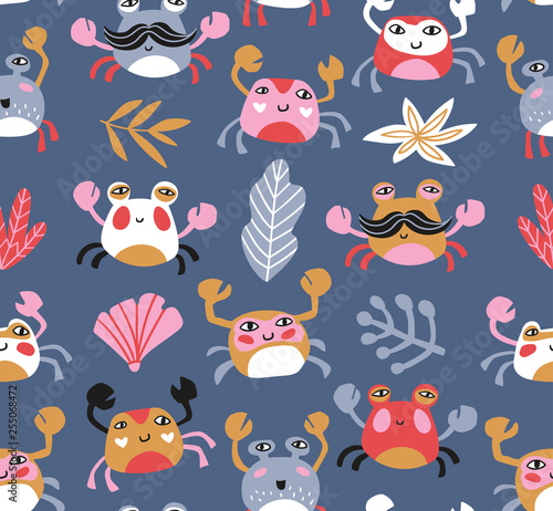 Bright baby fabric design with crabs and sea plants. Sea repeated print for kids design. Vector seamless pattern.