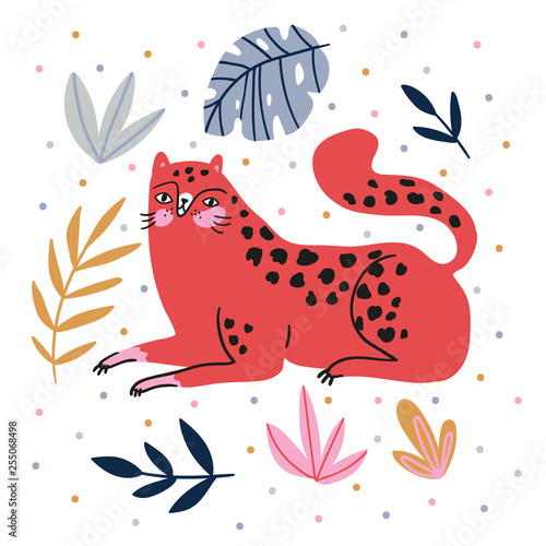 Hand-drawn illustration with wild cat and tropical leaves on the polka dots background - for home decor, t-shirt print, poster, greeting card. Creative cute vector illustration with leopard.