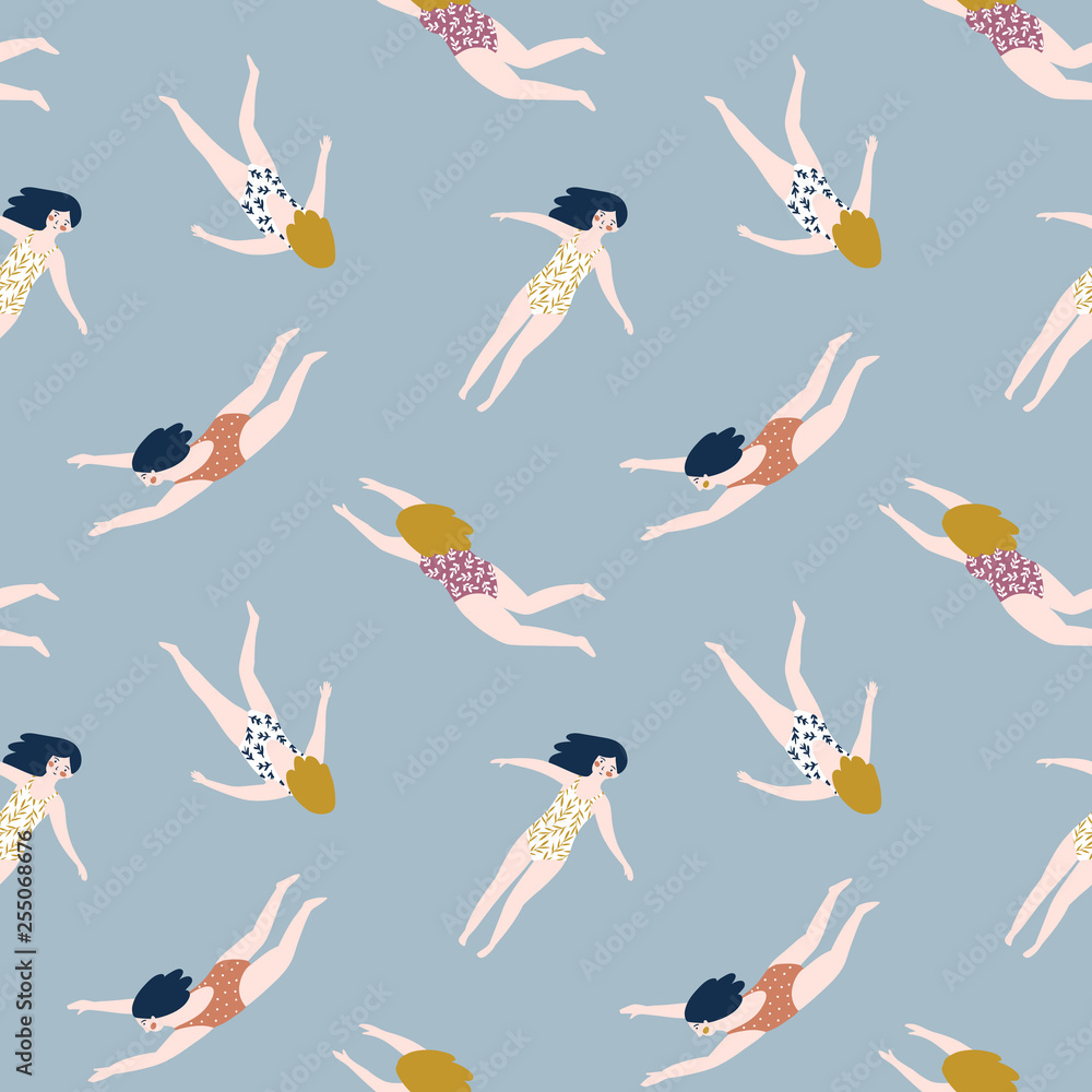 Repeated background with figures of young girls in swimsuits. Cute vector illustration in hand drawn style. Swimming collection. Seamless pattern.