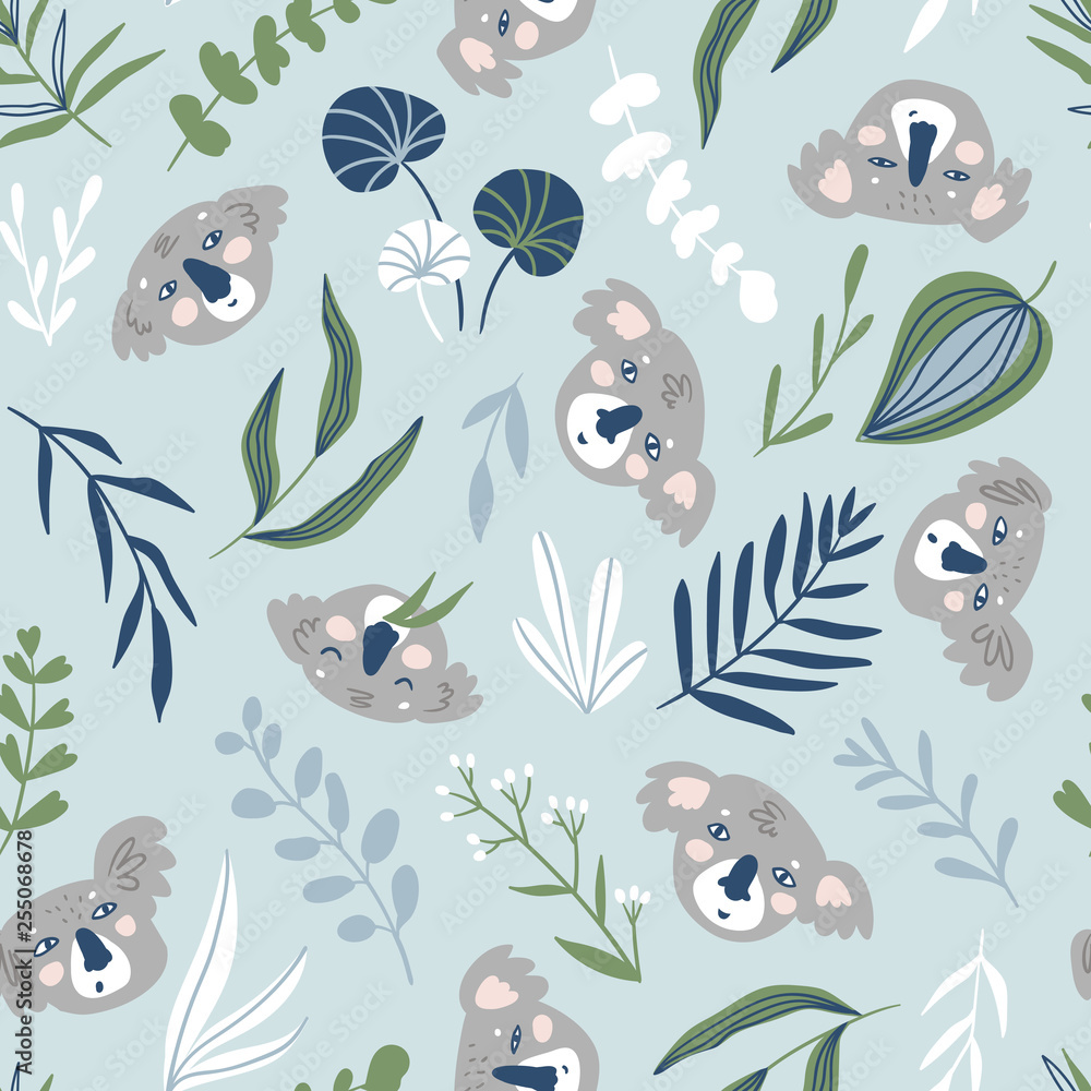 Vector hand-drawn seamless pattern with animals. Repeating background. Koala. Vector hand-drawn seamless pattern with animals. Repeating background. Koala.