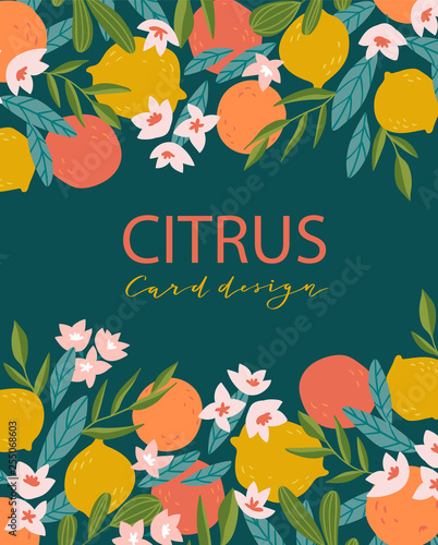 Tropical summer fruit card. Citrus tree in hand drawn style. Vector design with oranges, lemons and flowers for branding, invitations or greeting cards.