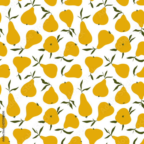 Tropical summer fruit seamless pattern. Yellow pear in hand drawn style. Vector vintage fabric design.