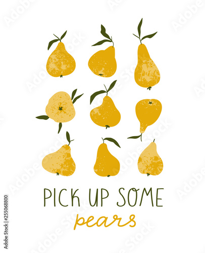 Summer fruit card or print for t-shirt in hand drawn style. Vector design with pears isolated on the white background and lettering - Pick up some pears.