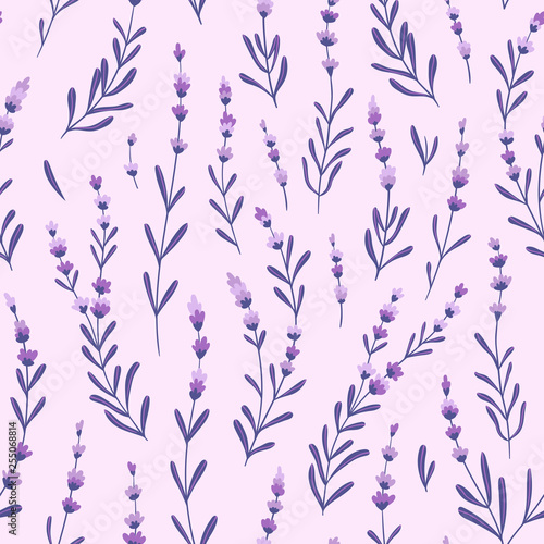 Beautiful and elegant lavender buds on the purple background. Vector seamless pattern with flowers. Lavender fabric design.