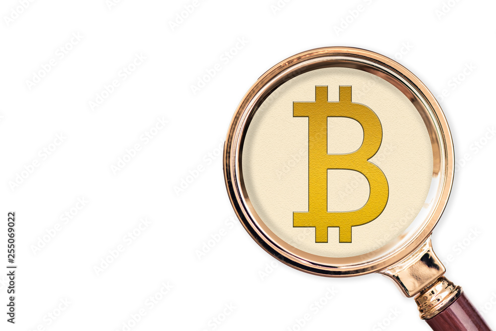 .Icon bitcoin under a magnifying glass. Сoncept of the main international currency .Icon bitcoin under a magnifying glass. Сoncept of the main international currency