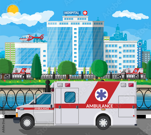 Hospital building, medical icon. Healthcare, hospital and medical diagnostics. Urgency and emergency services. Road, sky, tree. Car and helicopter. Vector illustration in flat style