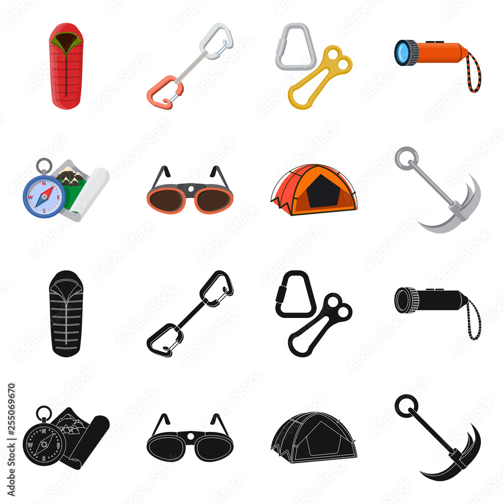 Isolated object of mountaineering and peak logo. Collection of mountaineering and camp vector icon for stock. Isolated object of mountaineering and peak logo. Collection of mountaineering and camp vector icon for stock.