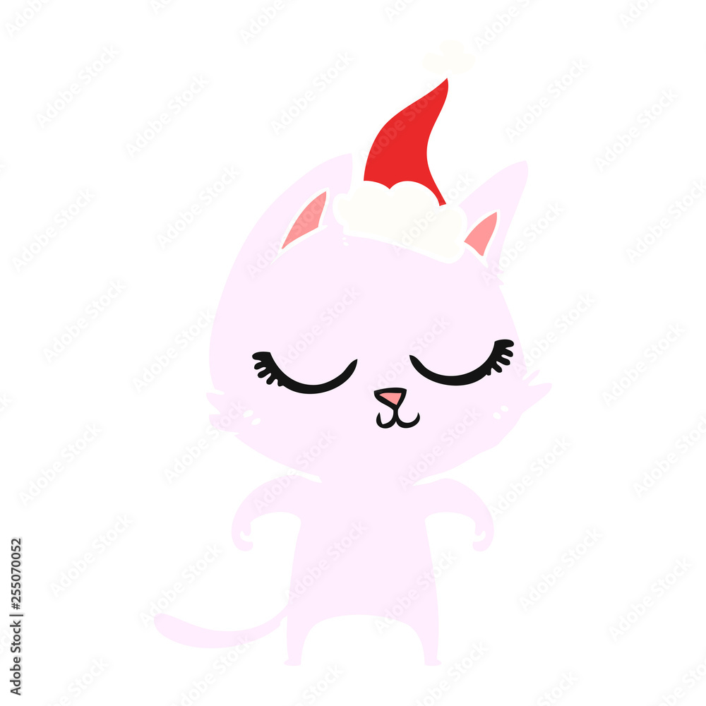 calm flat color illustration of a cat wearing santa hat calm flat color illustration of a cat wearing santa hat