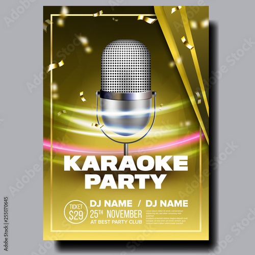 Karaoke Poster Vector. Broadcast Object. Karaoke Music Night Style. Colorful Instrument. Realistic Illustration