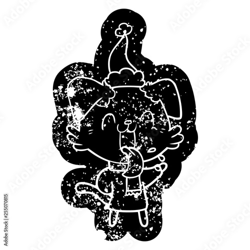 cartoon distressed icon of a panting dog wearing santa hat