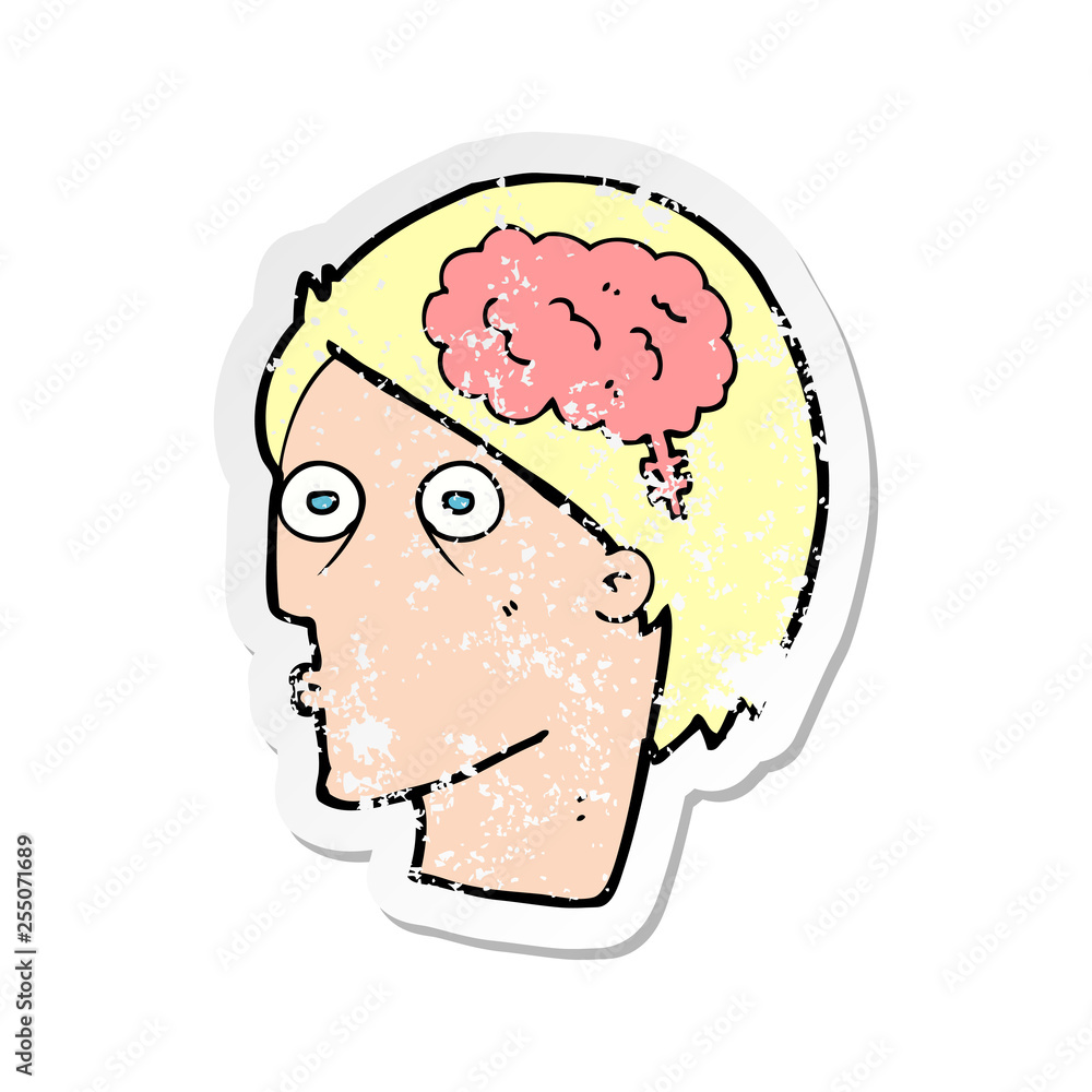 retro distressed sticker of a cartoon head with brain symbol retro distressed sticker of a cartoon head with brain symbol