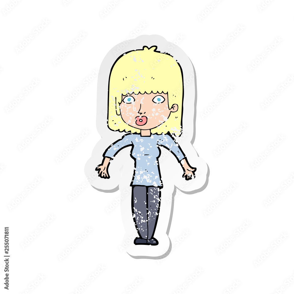 retro distressed sticker of a cartoon woman shrugging retro distressed sticker of a cartoon woman shrugging