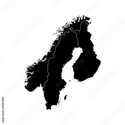 Vector illustration with simplified map of European Scandinavian states (Finland, Norway, Sweden). Black silhouettes, white outline and background