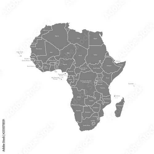 Vector isolated illustration with African continent with borders of all states. Grey political map with countries names. White background. Note: Morocco and Western Sahara shown separately
